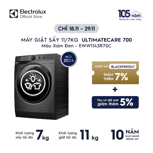 Máy giặt sấy 11/7kg UltimateCare 700 - Xám đen Onyx